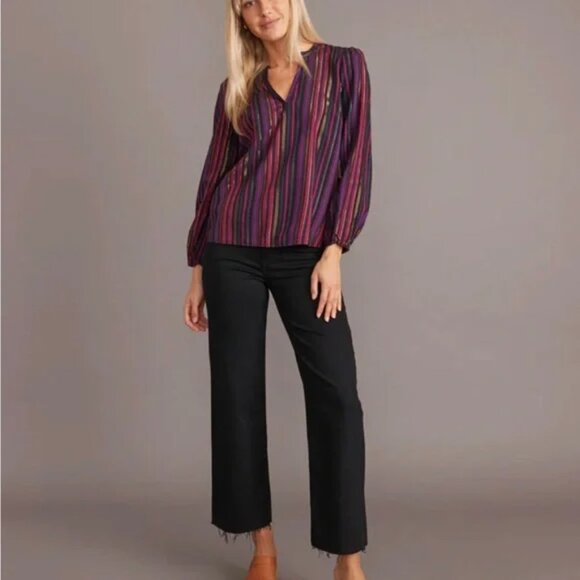 Marine Layer Jamie Blouse Top Banded Collar Popover Lurex Multi Stripe size XS - Picture 12 of 12